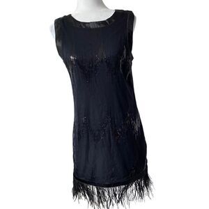 Vertigo Black Sleeveless Dress Embellished Mesh Feathers SZ 10